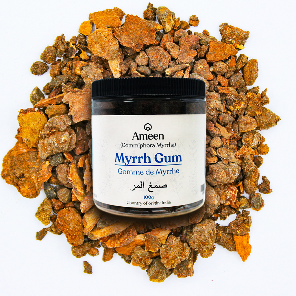 Botanical Name: Commiphora myrrha

Common Names:

English: Myrrh, Myrrh Gum, Arabian Myrrh
Sanskrit: बोल (Bola), गुग्गुलु (Guggulu Myrrha)
Hindi: गंधरस (Gandharas), हीरा बहेड़ा (Heera Baheda)
Urdu: مر (Mur), گوند مہر (Gond Mehr)
Tamil: மிர் (Mir), குளு குளு (Kulu Kulu)
Telugu: గంధరసం (Gandharasam), మిర్రా గమ్ (Mirra Gam)
Malayalam: മിർ (Mir), ഗന്ധരസം (Gandharasam)
Kannada: ಮಿರ್ (Mir), ಗಂಧ ರಸ (Gandha Rasa)
Marathi: मिर्र (Mirr), गंधरास (Gandharas)
Gujarati: મીર (Mir), ગંધરાસ (Gandharas)
Bengali: মির (Mir), গ